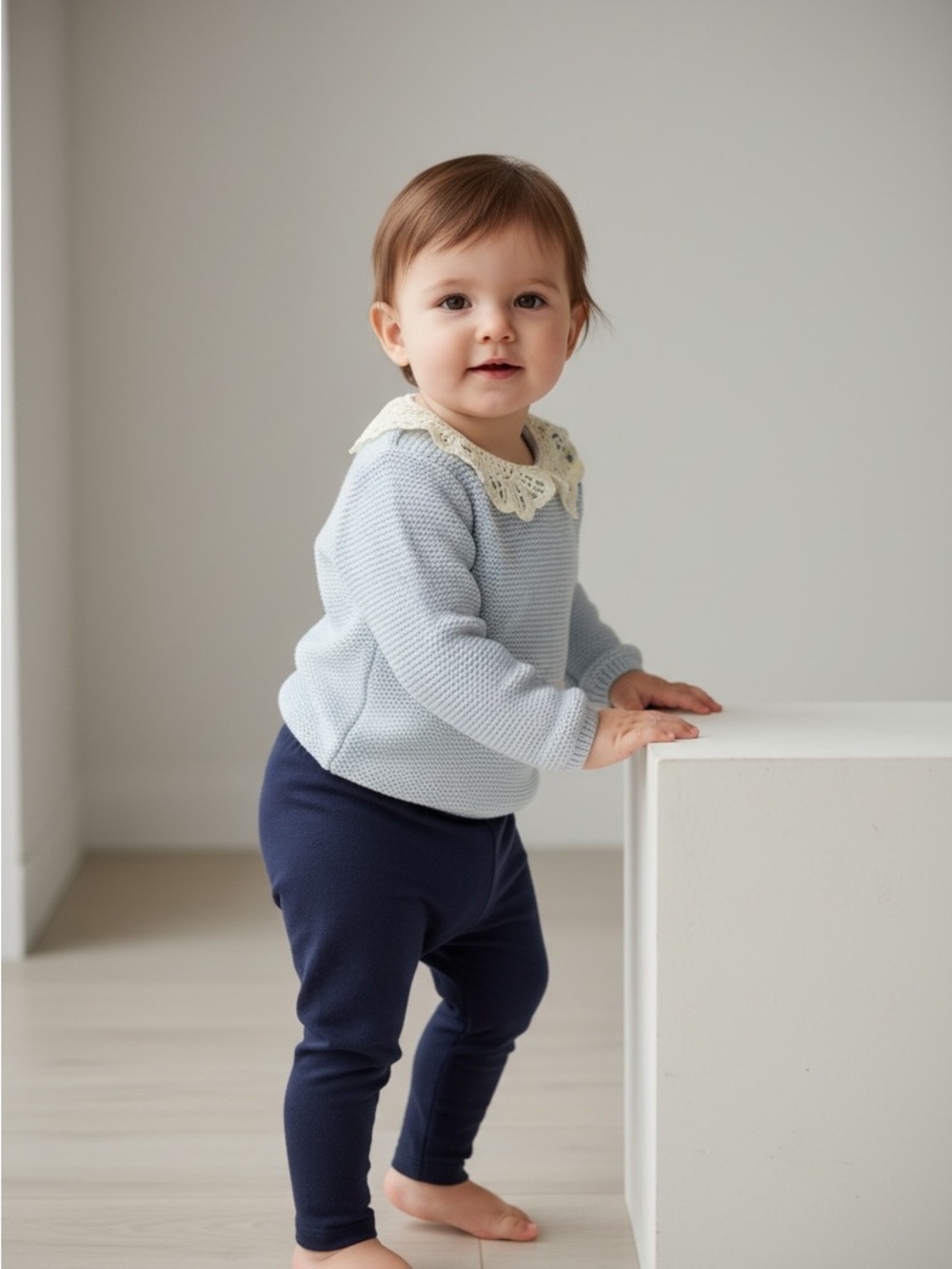Children's Light Blue Knit Sweater with Lace Collar and Leggings Set